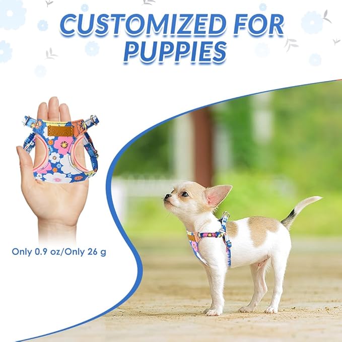 SlowTon No Pull Dog Harness with Leash - Soft Lightweight Floral Pattern Puppy Harness, Adjustable Pet Harness for Small Medium Dogs (Blue Flower S)