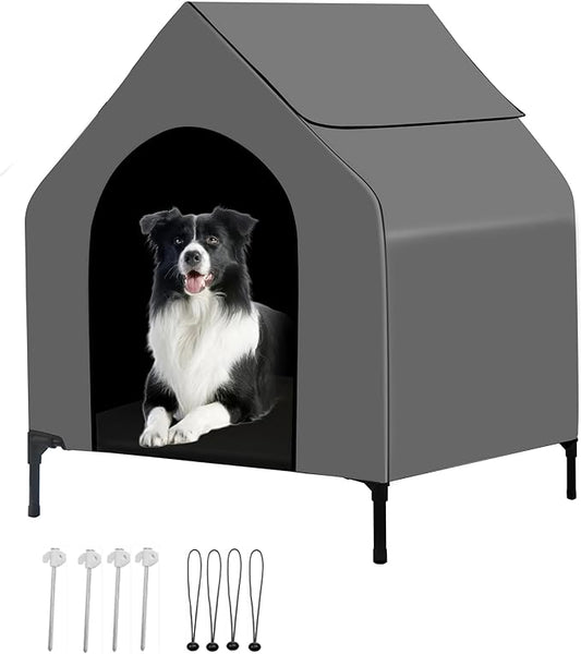 36" Dog House Outdoor for Medium/Large Breeds - Outside Waterproof & Sunproof Dog House, Elevated Dog Bed with Dog Shade Shelter Canopy