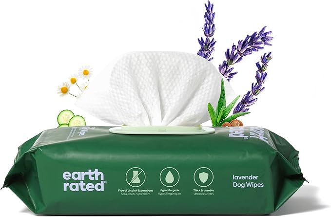 Earth Rated Dog Grooming Wipes, Hypoallergenic, Cleaning and Hydrating, for Paws, Body and Butt, Lavender Scented, 100 Count