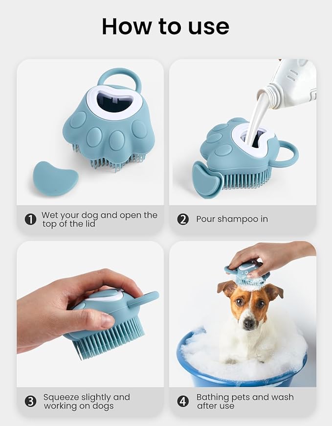 Dog Bath Brush, Pet Shampoo Brush Scrubber Massage Dispenser, Soft Silicone Grooming Shower Brush for Short Long Haired Dogs and Cats Washing, Blue