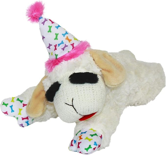 Multipet Lamb Chop Dog Plush Toy w/Birthday Hat - Squeaky Dog Toy for All Dogs - Soft Plush Dog Toy - Stuffed Animal Dog Toy for Playing - Cute Dog Birthday Toy (10.5β, Pink Hat, 5 Squeakers)