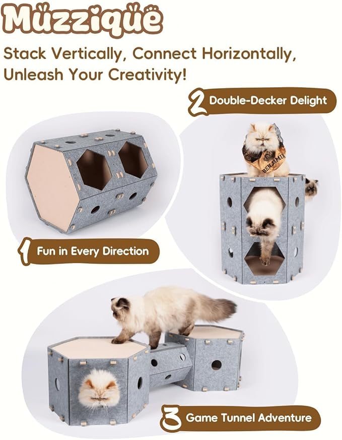 Cat Play House for Indoor Cats & Small Dogs, Muzzique Expandable Modular Felt Pet Tunnel Castle, Large Scratch Kitten Condo, Stackable Kitty Cave Platform, Sleeping Puppy Bed, XL Nest with Hair Brush
