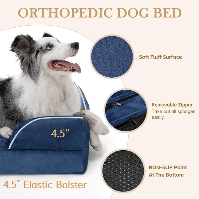 Large Dog Beds, Waterproof Dog Beds Orthopedic Foam, Large Dogs Sofa Comfy Pet Bed with Washable Removable Cover & Non-Slip Bottom(Large,Navy Blue)