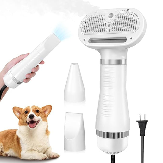 4-in-1 Pet Grooming Station: Steam Comb & Hair Dryer with Water Tank, 3 Heat Settings, Shedding Brush for Cats and Dogs, Home Washing Station, White