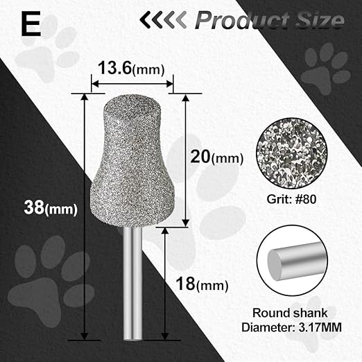 Diamond Dog Nail Grinder Bits - FOCSTOL Diamond Rotory Bit for Dogs&Pets, 5pcs 1/8'' Rotary Nail Grinder Bits for Animals Nail Care (Type E)