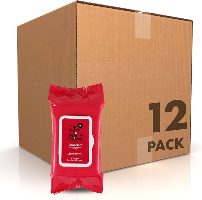 Wags & Wiggles Freshen Deodorizing Wipes for Dogs Eliminate Odors from Your Dog's Coat Fresh Strawberries Easy and Convenient Way to Freshen Your Pet Without A Bath (Pack of 1,100 Count Total)