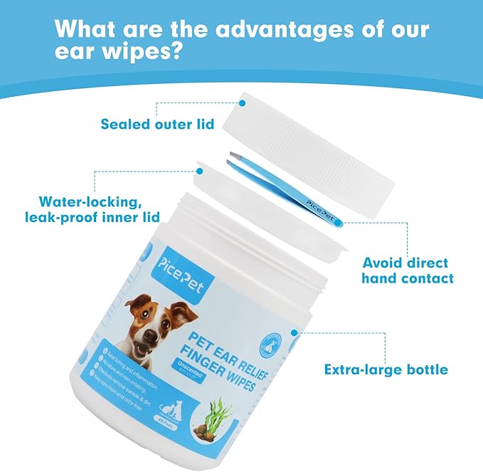 Seaweed Ear Cleaner Wipes for Dogs & Cats - Gentle Finger Wipes for Cleaning Earwax, Debris - Soothe Itching & Inflammation - Unscented, Hypoallergenic & Deodorizing - Made in PRC (60 Pcs)