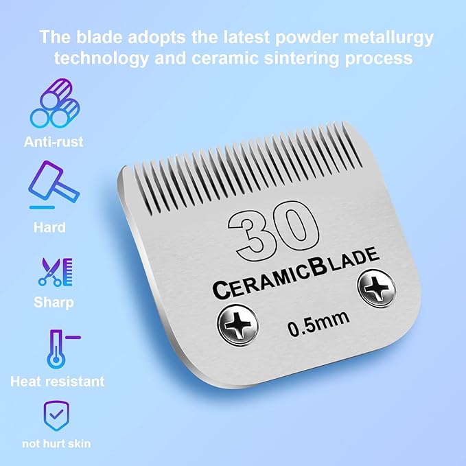 10 Pack Detachable Pet Dog Clipper Blades, Compatible with Andis Size 30 Cut Length 1/50"(0.5mm),Most Oster A5,Wahl KM10 Series Clippers,Made of Ceramic Blade & Stainless Steel Blade