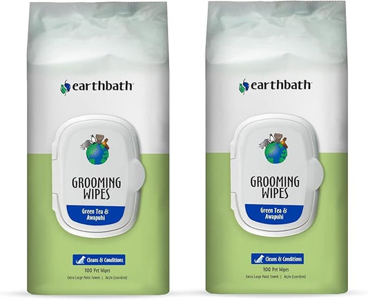earthbath, Green Tea & Awapuhi Grooming Wipes - Dog Wipes for Paws and Butt, Best Pet Wipes for Dogs & Cats, Made in USA, Cruelty-Free Dog Cleaning Wipes, Removes Dirt & Dander - 100 Count (2 Pack)