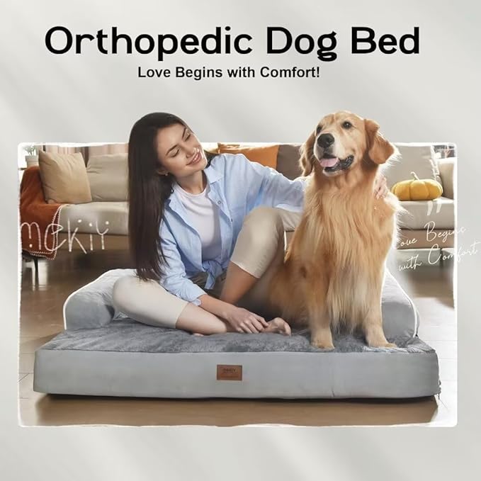 Large Dog Bed Orthopedic Washable, Medium Large XXXLarge Dogs, Orthopedic Grey Dog Bed with Waterproof Cover and Removable Egg Foam, Couch Bed Bolster
