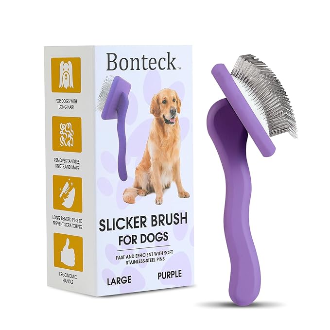 Dog Slicker Brush for Grooming Pet Hair, Large Size, Purple, Long Haired Brush For Dogs (Poodles, Goldendoodles, Labradoodles), Long Pin Brush For Dematting