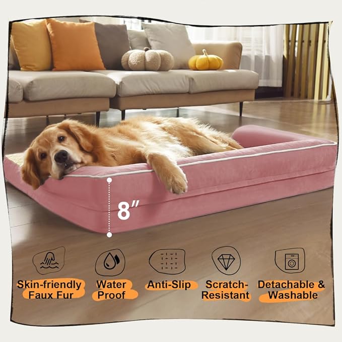 Large Dog Bed Orthopedic Washable Extra Pink XL XLarge Big Dog Bed with Washable Bolster & Memory Foam Couch Sofa - Waterproof with Removable Cover