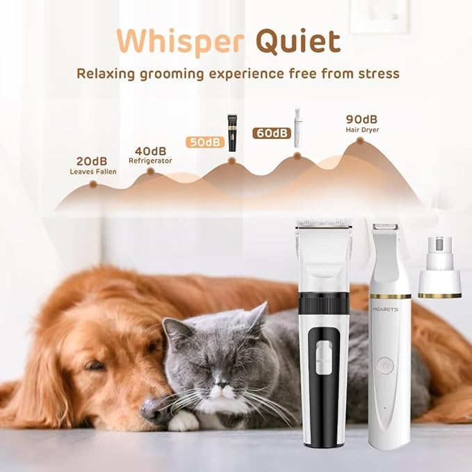 Dog Hair Clippers for Grooming Kit and Dog Paw Trimmer Nail Grinder for Grooming, Low Noise Rechargeable Cordless, Shaver Grooming Supplies for Pet Cats Dogs (White, White)