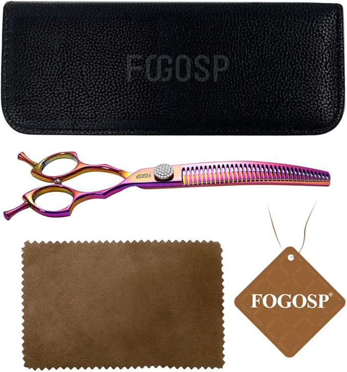 Professional Curved Chunkers Shears Dog Grooming 7.5'' Rainbow Curved Thinning Scissors for Large Dogs, 35 Teeth, Japan 440C Stainless Steel, Purple