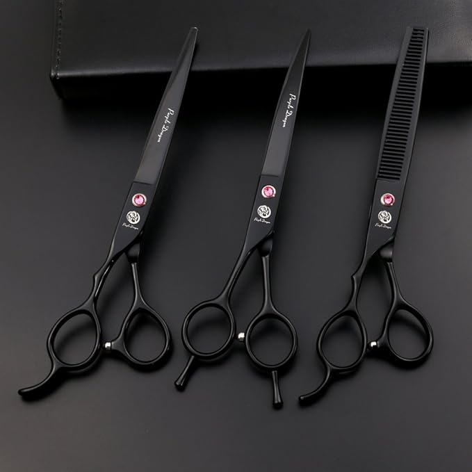 Purple Dragon 7.0" Left Handed Dog Grooming Hair Cutting Scissor &Curved &Thinning Shear with Bag - for Mancinism Pet Groomer or Family DIY (Black)