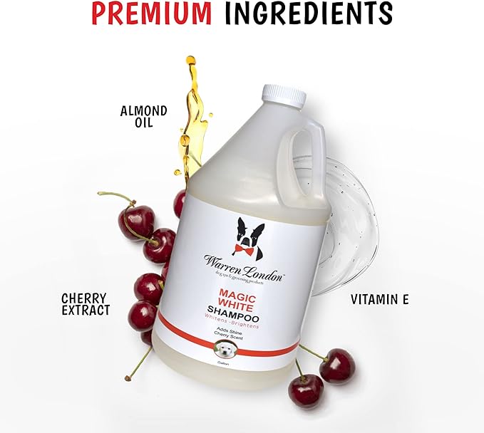 Warren London - Magic Bright Dog Shampoo, Whitening Shampoo for White Dogs & Lighter Dog Coats, Grooming Supplies are Puppy and Cat Safe, Cherry Blossom Scent, 128 Ounce, Made in USA