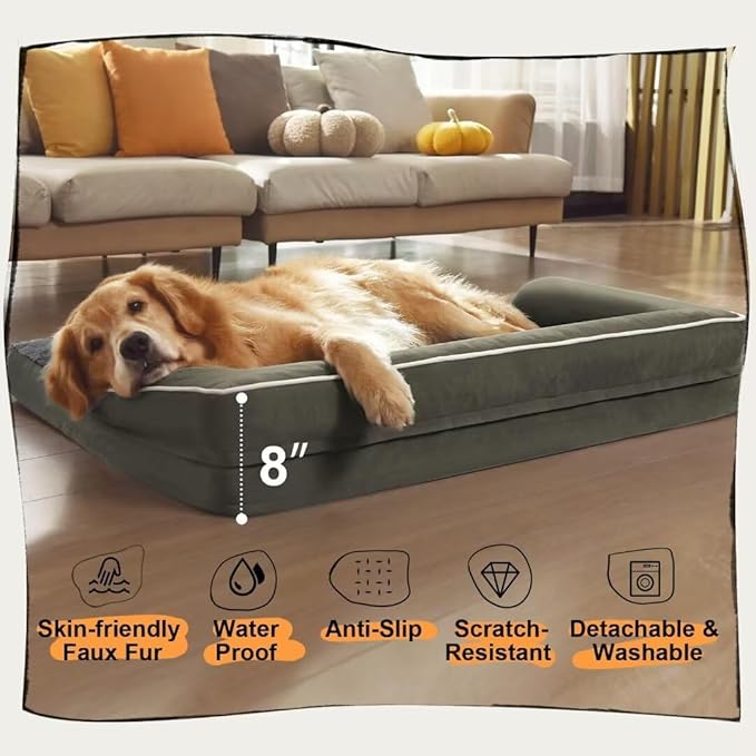 Large Dog Bed Orthopedic Washable - XXL Large Big Dogs - Waterproof with Removable Cover - Memory Foam - Beds Bolster Pet - Dog Couch Sofa Bed - Dark Green Dog Bed