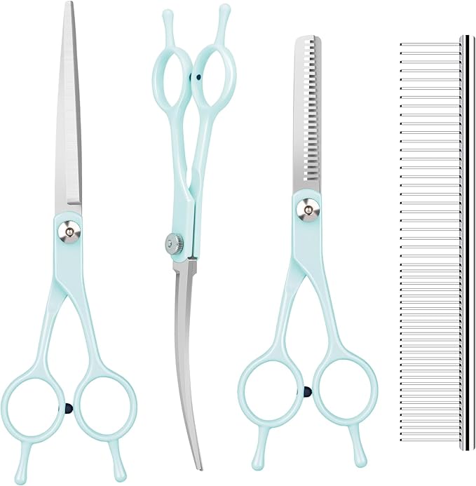 Dog Cat Grooming Scissors Kit,Pet Grooming scissors Set,Dog Scissors for Grooming,Incude Thinning,Straight,Curved Grooming Scissors and Comb for dogs, cats.