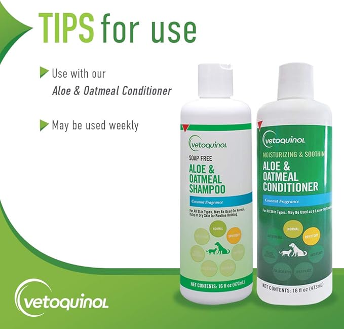 Vetoquinol Aloe & Oatmeal Shampoo — Gentle, Moisturizing Formula with Coconut Scent for Dogs & Cats, 16oz