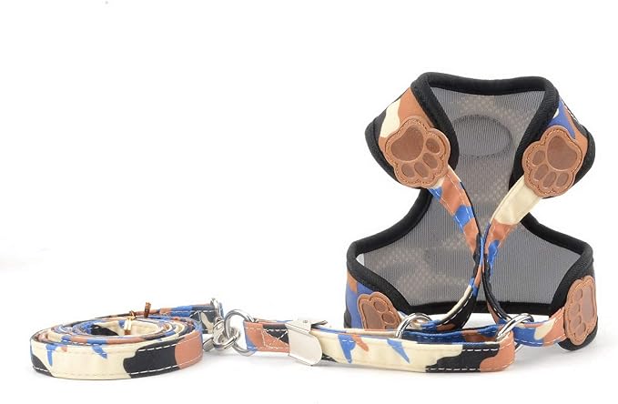SMALLLEE_LUCKY_STORE Small Dog Cat Mesh Harness & Lead No Escape Adjustable Padded Military Camo Blue, M Chest:11.5"-15.5",Weight 6.5-11lbs