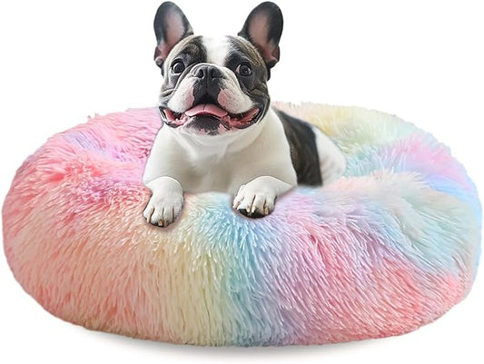 JOLLYVOGUE Donut Dog Bed for Medium Dogs, Anti-Anxiety Washable Round Bed, Calming Donut Dog Cat Bed for Puppy Bed, Fluffy Dog Beds for Large Dogs, Round Puppy Bed for Indoor Pet (31"/Rainbow