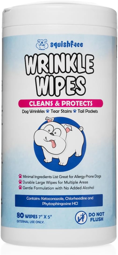 Squishface Wrinkle Wipes – 5”x7” Large Dog Wipes - Deodorizing, Tear Stain Remover – Great for English Bulldog, Pugs, Frenchie, Bulldogs, French Bulldogs & Any Breed! (80 Count)