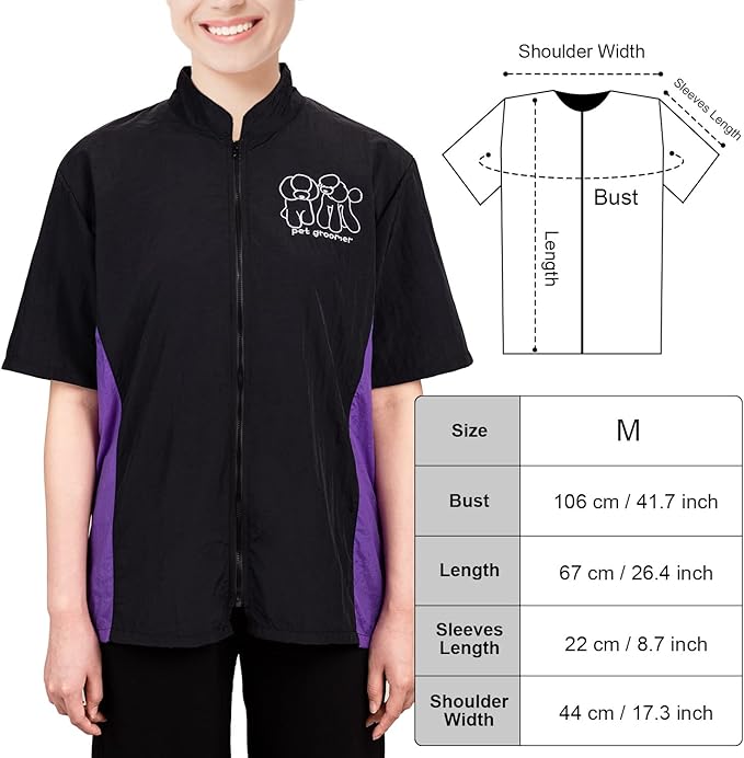 Noverlife Pet Grooming Workwear with Full Zipper, M Size, Anti-Static Pet Beautician Work Clothes, Lightweight Hair Repellent Shirt Style Pet Groomer Smock for Dog Cat Grooming Shop