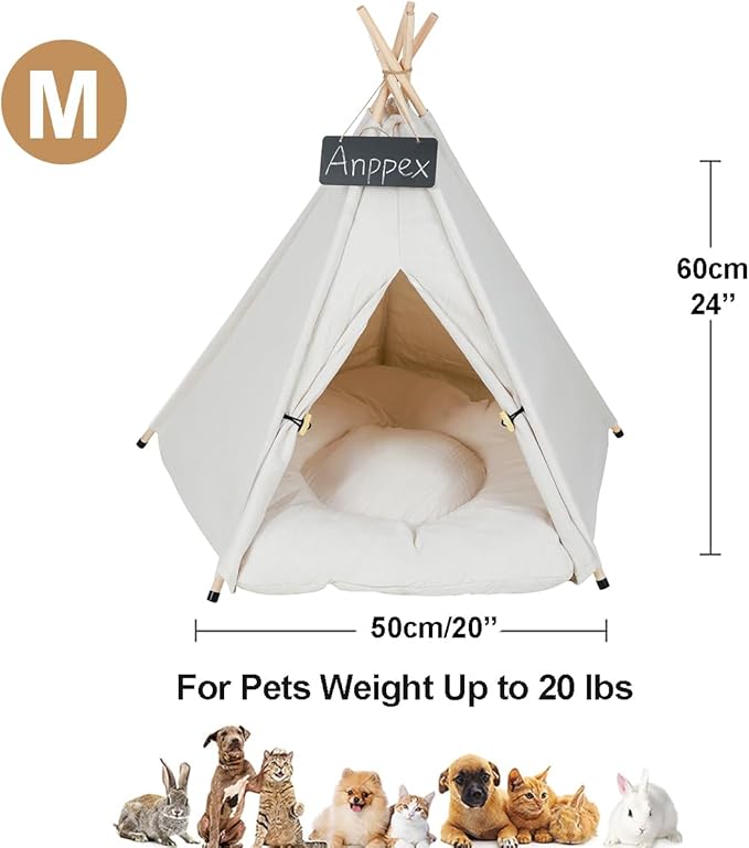 ANPPEX 24-Inch Dog Teepee Tent Indoor,M Size Pet Tent Bed for Small Dogs and Cats,Indoor Dog House with Thick Cushion,White