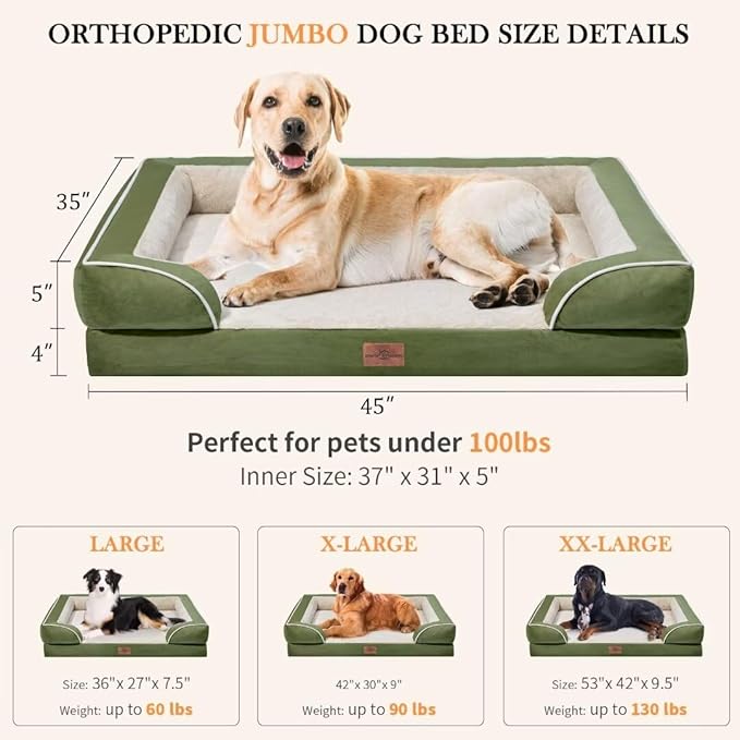 Orthopedic Dog Bed for Jumbo Breed Large Dogs, Jumbo Dog Bed Waterproof, PV Washable Dog Sofa Bed with Removable Cover & Non-Slip Bottom(Jumbo,Light Green)