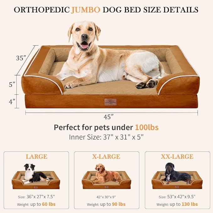Orthopedic Dog Bed for Extra Large Dogs, PV Washable Dog Sofa Bed Jumbo, Waterproof Dog Bed with Removable Cover & Non-Slip Bottom(Jumbo,Caramel)
