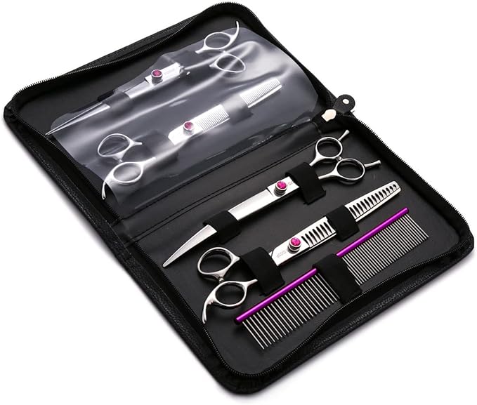Dog Grooming Scissors Kit 7.5 in Professional Curved Thinning Straight Chunker Shears and Comb 5pcs Set for Grooming Big Dogs Poodle Pet Japan 440C Stainless Steel(7.5'',Kit)