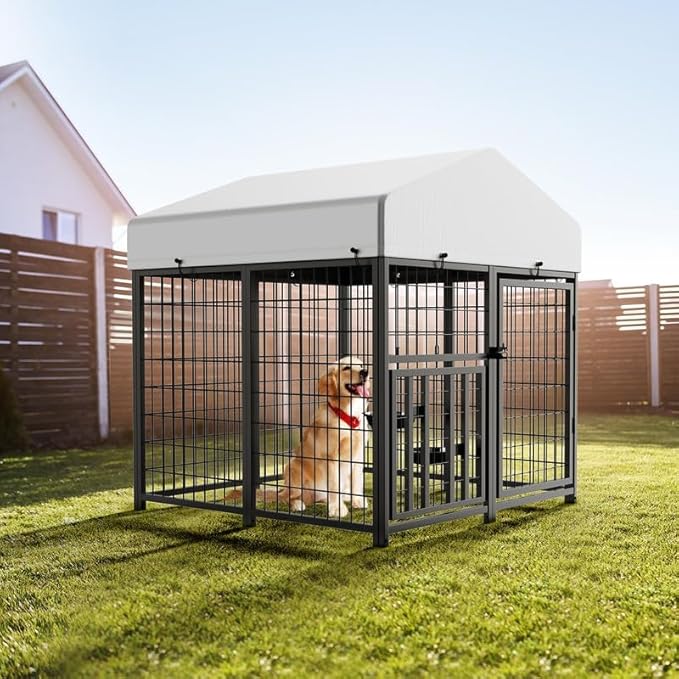 Large Dog Kennel Outdoor Pet Pens Dogs Run Enclosure Animal Hutch Metal Coop Fence with Rotating Bowl