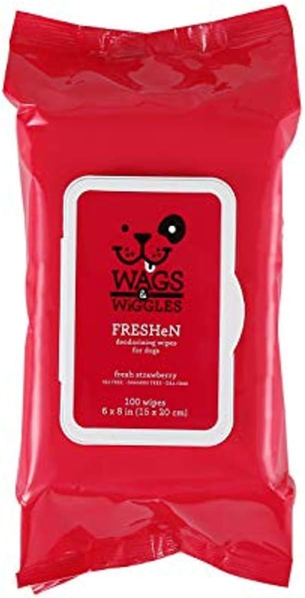 Wags & Wiggles Freshen Deodorizing Wipes for Dogs | Eliminate Odors from Your Dog's Coat | Fresh Strawberries, 100 Count | Easy and Convenient Way to Freshen Your Pet Without A Bath