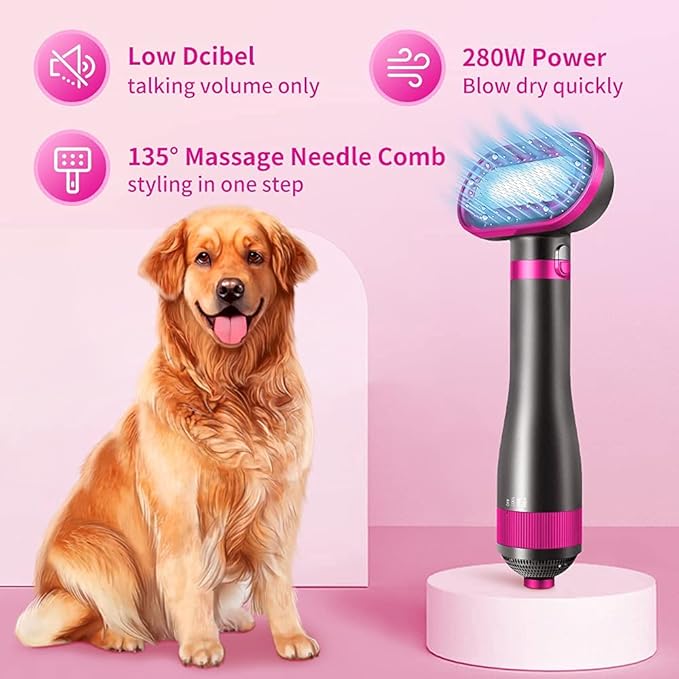 Hair Dryer Brush for Small/Medium Dog & Cat, 2 in 1 Pet Grooming Dryer, 2 Heat Settings & 3 Adjustable Blowing Dryer, White