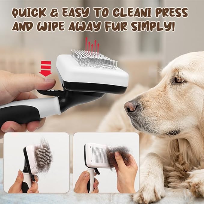 Self-Cleaning Slicker Brush, 5PCS Dog Grooming Kit, Double Sided Undercoat Rake Shedding Comb Pet Hair Remover for Cats & Dogs, Pet Nail Clipper with Nail File, Dog Bath Brush (White, 5PCS)