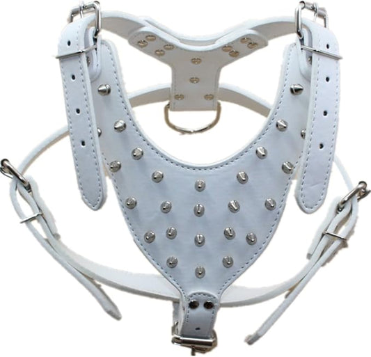 Spiked Leather Dog Harness Chest for 26"~34" Large Dogs Pitbull Mastiff Boxer Bully Black/Pink/Red/Gold Brown/Leopard/Brown (Spiked White)
