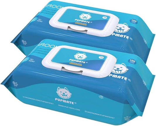 Natural Pet Grooming Wipes, 100 Fresh Counts, Extra Moist & Thick for Dogs & Cats, Puppies & Kittens Set of 2