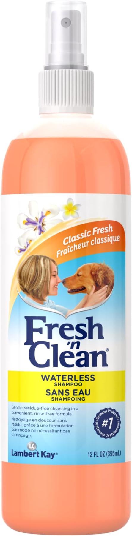 PetAg Fresh ’n Clean Waterless Shampoo, Classic Fresh Scent - 12 oz - Rinse-Free, Anti-Tangle Spray - Gently Cleanses and Moisturizes with Aloe Vera - Soap Free