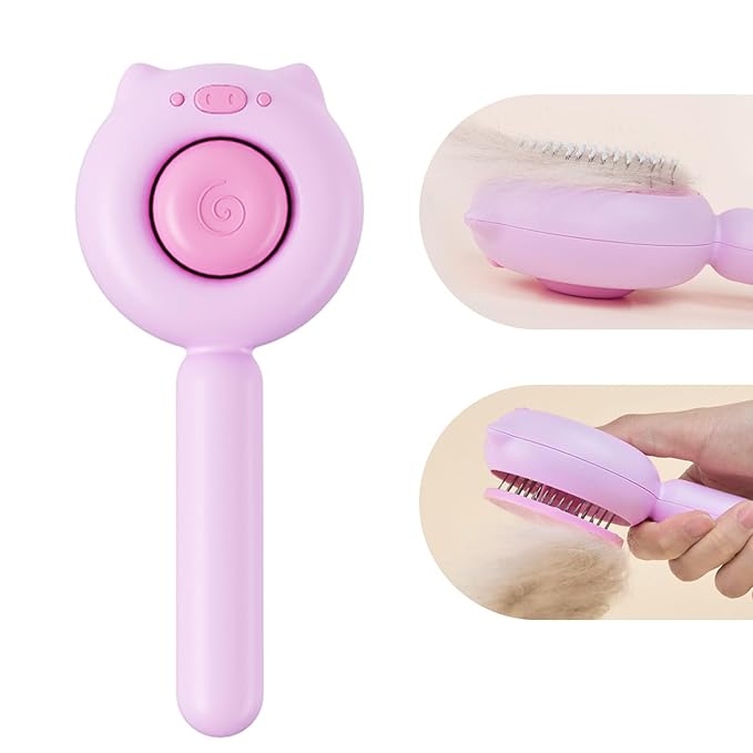 Piggy-Pink Hair Brush, Self Cleaning, Pet Grooming Brush for Shedding, Suitable for Short and Long Haired Cats Dogs and Other Fur Babies, Ergonomic Handle, Ideal Size (5.5 inches)