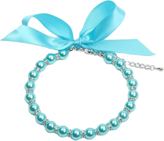 Dog Cat Pearls Necklace Collar with Bling Accessories and Ribbon Bow Pet Puppy Jewelry for Female Dogs Cats Small Medium (XL, Blue)