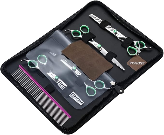 Professional Dog Grooming Scissors Kit Japan 440C Stainless Steel 7.0 in Curved Thinning Straight Chunker Shears and Comb 5pcs Set for Grooming Dogs Cat Pet