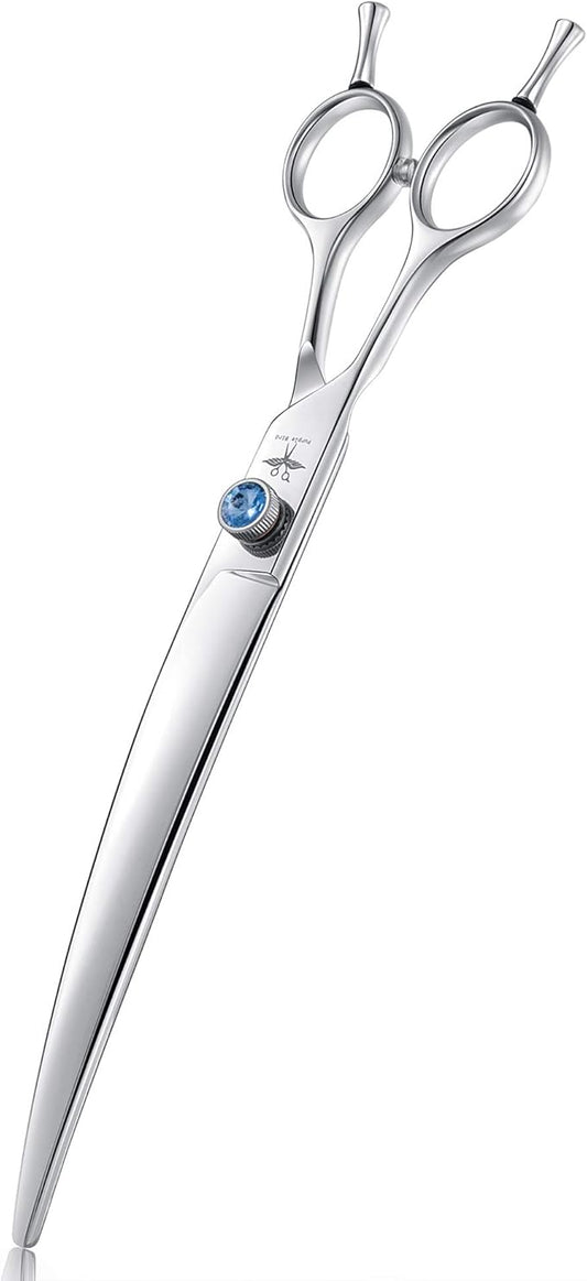 PURPLEBIRD 8 Inch Left Handed Downward Curved Dog Grooming Scissors Professional Pet Cutting Shears Safety Noiseless Blunt Tip Trimming Shearing for Dogs Cats Japanese Stainless Steel Silver
