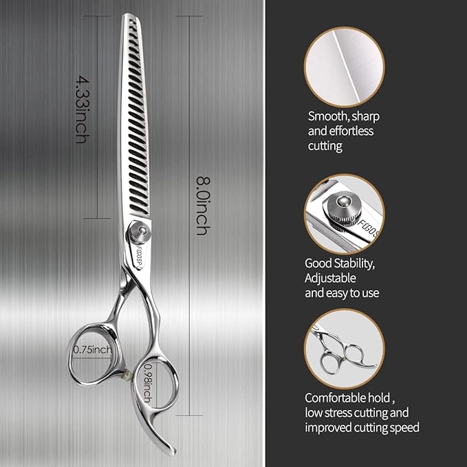 Professional Thinning Shears for Dogs with Micro Serrated Edge 8 inch Dog Grooming Scissors Long Chunkers Shears Japan 440C 70% Thinning Rate 26 Teeth(8in)