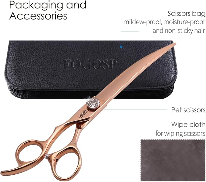 Rose Gold Titanium Professional Left Handed Curved Dog Grooming Scissors 8'' Downward 30° Japan 440C Pet Grooming Trimming Shears for Large Dog Poodle(8,Curved)