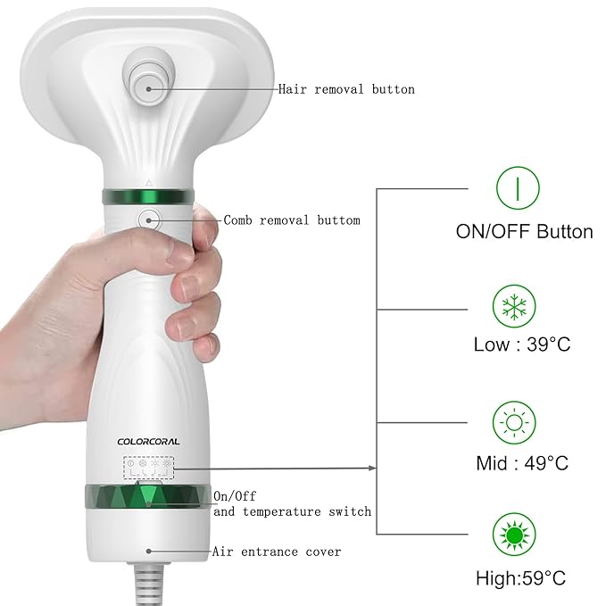 COLORCORAL Pet Hair Dryer Brush, White, Safe for All Hair Types, Flexible Stainless Steel Bristles, 3 Temperature Settings, 300W, Unisex Hair Brush for Small & Medium Dogs & Cats
