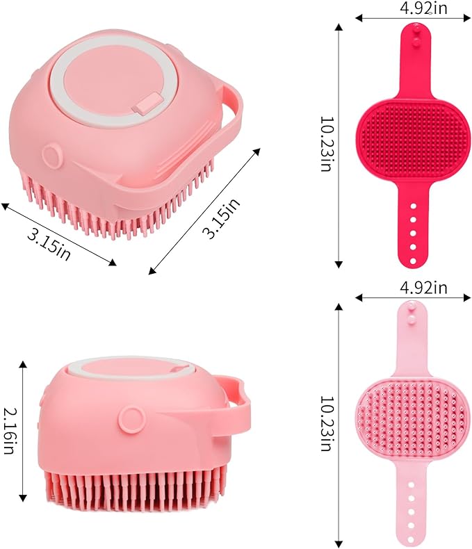Comotech 3PCS Dog Bath Brush | Dog Shampoo Brush | Dog Scrubber for Bath | Dog Bath Brush Scrubber | Dog Shower/Washing Brush with Adjustable Ring Handle for Short&Long Haired Dogs (Pink Red Pink)