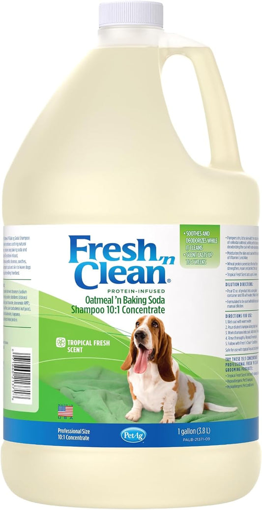 PetAg Fresh ’n Clean Oatmeal ’n Baking Soda Shampoo - Tropical Fresh Scent (10:1 Concentrate) - 1 Gallon - Nurtures Dry, Itchy Skin with Vitamin E & Aloe - Strengthens & Repairs - Soap Free
