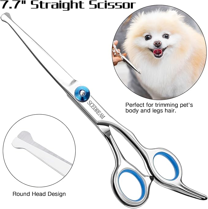 Professional Dog Grooming Scissors with Safety Round Tips, 5 in 1 Dog Grooming Scissors Kit, 4CR Stainless Steel Professional Pet Grooming Shears for Dog, Sharp and Durable, Blue