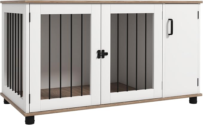 PawHut Dog Crate Furniture Side End Table with Storage, Dog Kennel Furniture Indoor with Double Doors for Medium and Large Dogs, Walnut