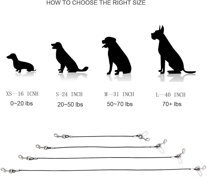 No-Chew Dog Seat Belt, Stainless Steel Cable Pet Car Seatbelt Safety Restraint Tether Puppy Vehicle Seat Belt with Buckle Latch(24 inch)